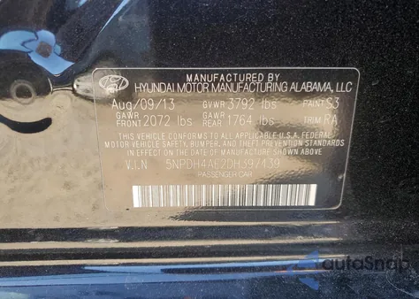 2013 Hyundai Elantra Gls z USA, uszkodzony, nr VIN 5NPDH4AE2DH397439